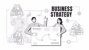 Business strategy line 2D banner animation. Diverse businesspeople discussing corporate planning. Dynamic text with outline icons, animated characters grayscale concept HD video isolated on white - Powered by Shutterstock - Get 15% off with code: PIKWIZARD15