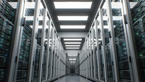 Server Room in Modern Datacenter Moving Through Loop 3d Animation. Working Server Racks Endless Illustration. Artificial Intelligence Neural Network Cloud Computing Data Storage Technology Concept 4k. - Powered by Shutterstock - Get 15% off with code: PIKWIZARD15