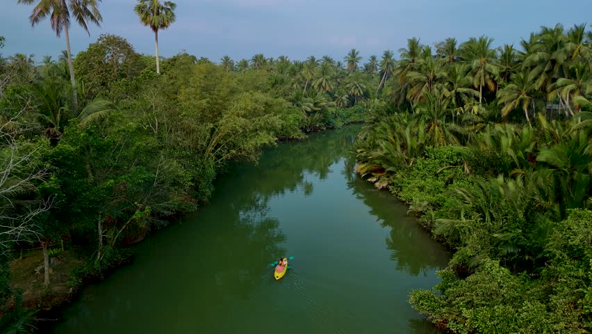 Explore the tranquility of Thailand Chumphon lush surroundings as a colorful kayak glides through serene waters, flanked by vibrant greenery and palm trees. a couple in kayak on a river