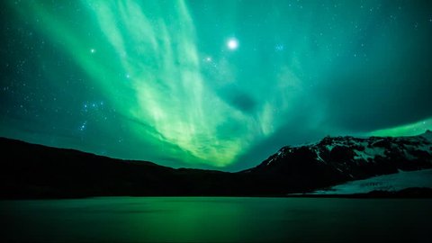 Northern Lights (Aurora borealis) reflected on a lake timelapse in Iceland