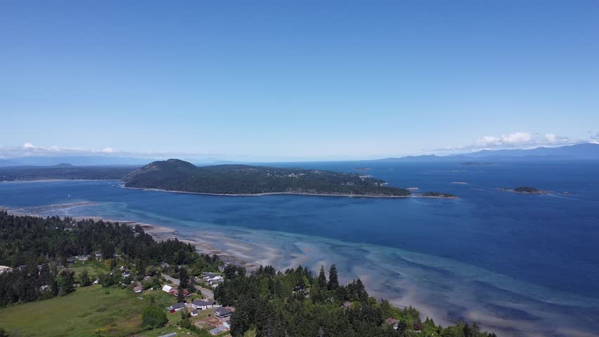 Nanaimo sea view, vancouver island, british columbia Canada, drone view, white sand beaches, blue water, island view from top, birds eye view