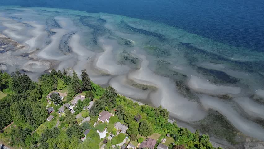 Nanaimo sea view, vancouver island, british columbia Canada, drone view, white sand beaches, blue water, island view from top, birds eye view