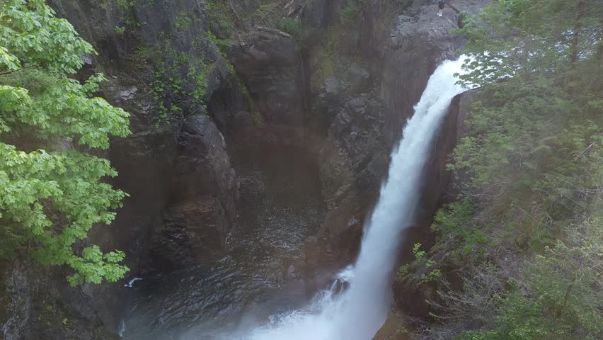 elk falls nanaimo vancouver island, british columbia, canada, drone view of elk falls with suspension bride, close up drone view of elk falls