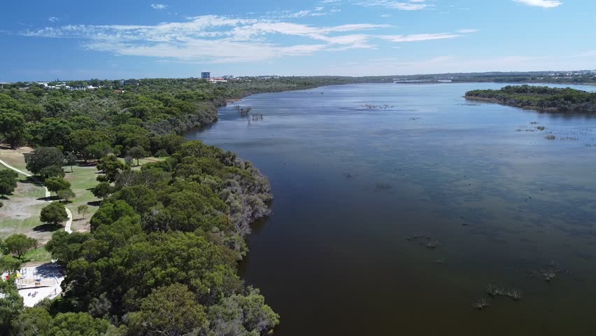 Joondalup Lake aerial flyover shallow waters on sunny day - Western Australia