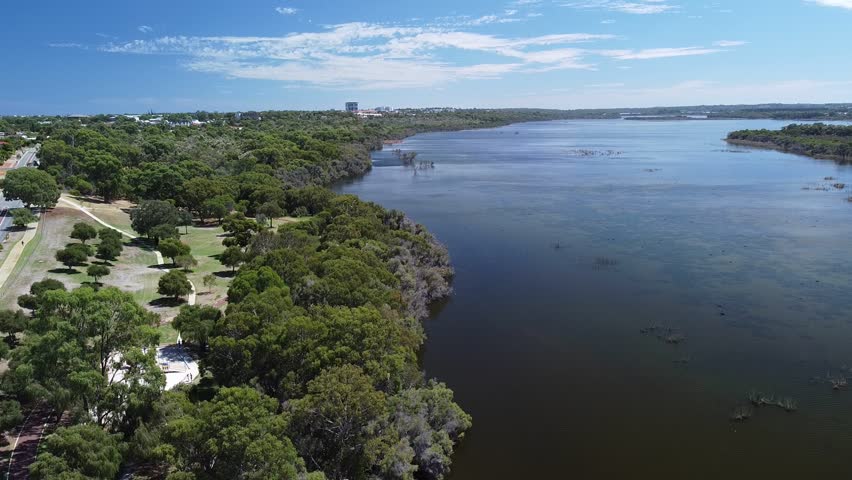 Aerial flyover Joondalup Lake at picnic cove Edgewater - Western Australia