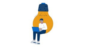 Professional arab man working on startup idea doodle animation. Innovation job. Creative entrepreneur in giant lightbulb animated 2D flat cartoon concept, white background. 4K video motion graphic - Powered by Shutterstock - Get 15% off with code: PIKWIZARD15