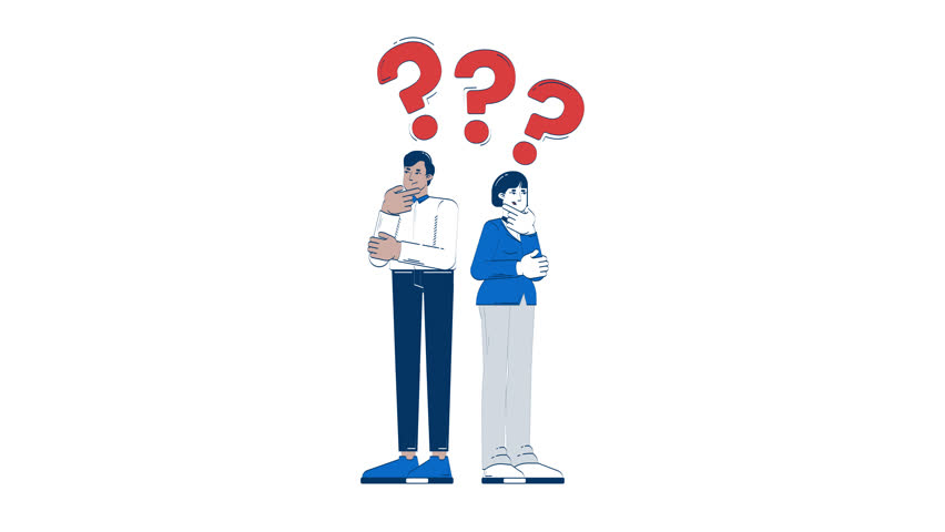 Looking for business solution doodle animation. Corporate dilemma doubts. Thoughtful businesspeople question marks animated 2D flat cartoon concept, white background. 4K video motion graphic