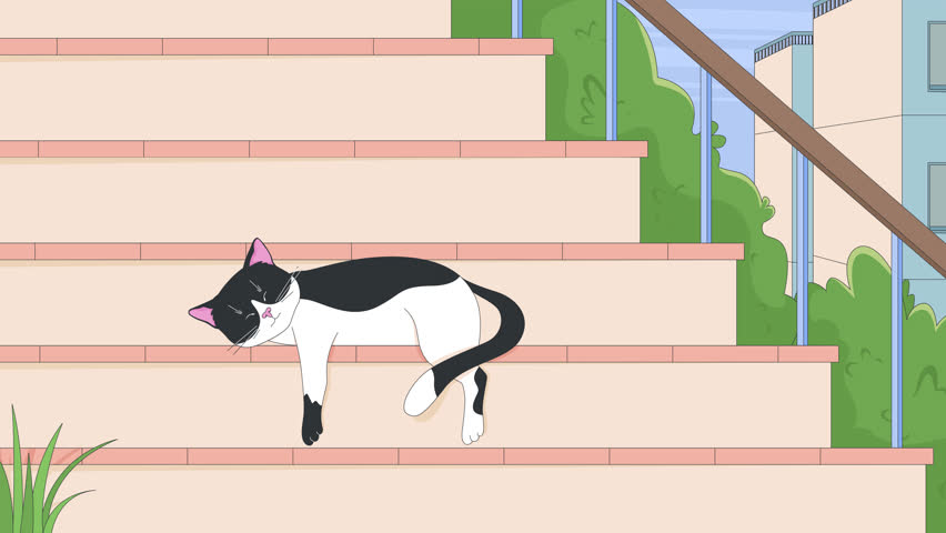 Sleeping tuxedo cat on outdoor steps with butterfly lofi animation cartoon wallpaper. Cute black and white kitty napping in urban summer. Lo fi 2D animated background 4k video. Concept chill aesthetic