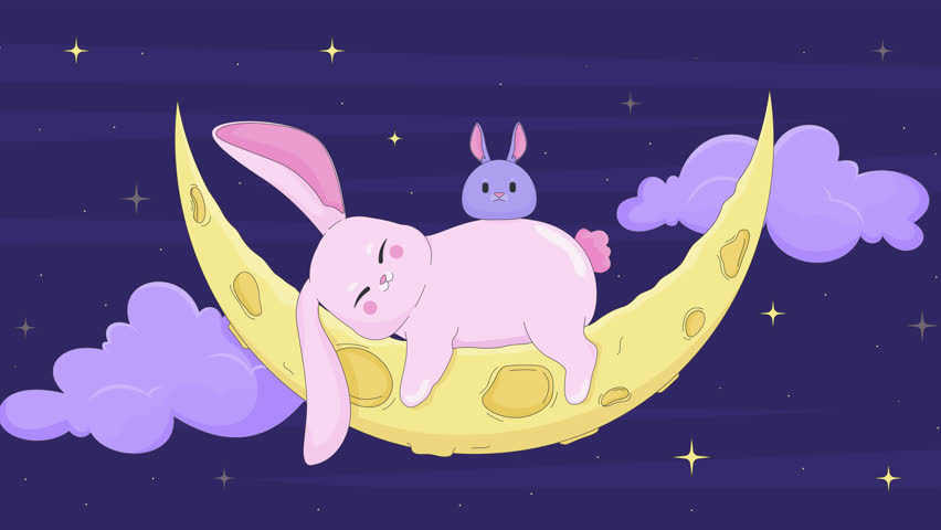 Cute moon bunnies sleeping on crescent night lofi animation cartoon wallpaper. Dreamy Jade rabbit napping in twinkling stars. Bedtime. Lo fi 2D animated background 4k video. Concept chill aesthetic