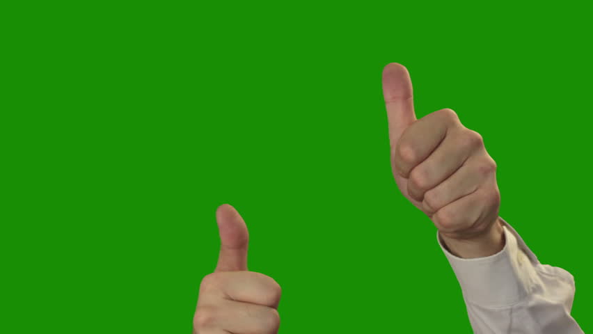 Green (Chroma Key) background. Men's hands in a white shirt are showing how