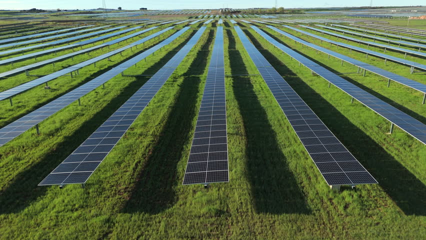 Dynamic low-level drone shot flying fast over rows of solar panels in a green field under clear daylight, highlighting renewable energy, clean technology, and sustainable power infrastructure