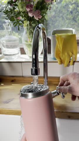 Vertical video - Closeup slow motion shot of one hand on a kitchen sink tap, with the other holding an insulated drinks bottle while filling it with fresh running water.