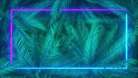 Frame of neon laser light surrounded by palm jungle trees. Background of palms swaying in a gentle breeze with neon colorful rectangle lines. - Powered by Shutterstock - Get 15% off with code: PIKWIZARD15