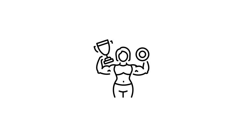 A line style animated icon of a character wins bodybuilder trophy 