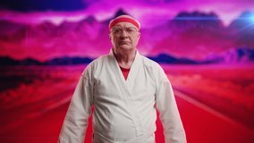 Grandpa in kimono bowing before fight on retro-futuristic synthwave background - Powered by Shutterstock - Get 15% off with code: PIKWIZARD15
