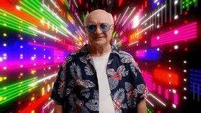 Happy grandpa folding arms on abstract retro-futuristic background, stylish pose - Powered by Shutterstock - Get 15% off with code: PIKWIZARD15