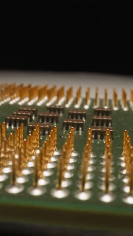 Modern CPU with connection pins on table on black background. Central part of computer performing information conversion specified by program macro