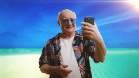 Humorous senior man taking selfie on beach, vacation memory with mobile app - Powered by Shutterstock - Get 15% off with code: PIKWIZARD15