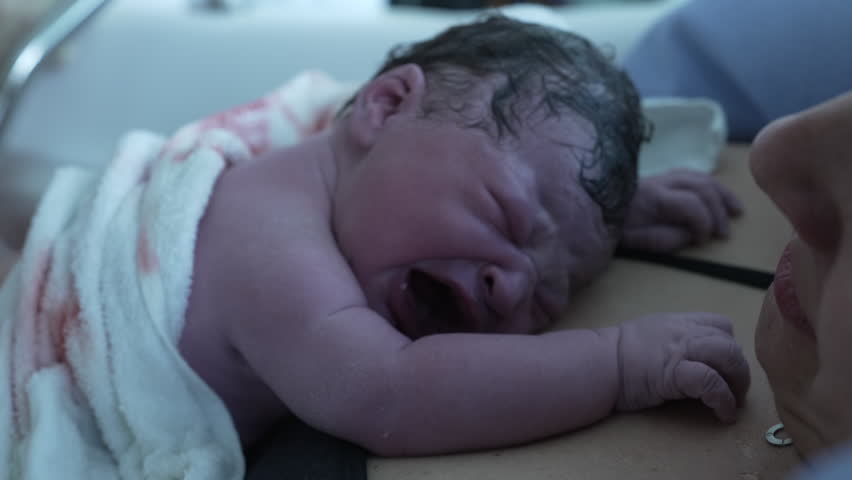 Infant newborn crying for the first time after birth, authentic real life childbirth of baby struggling after leaving the mother's womb, his comfort zone