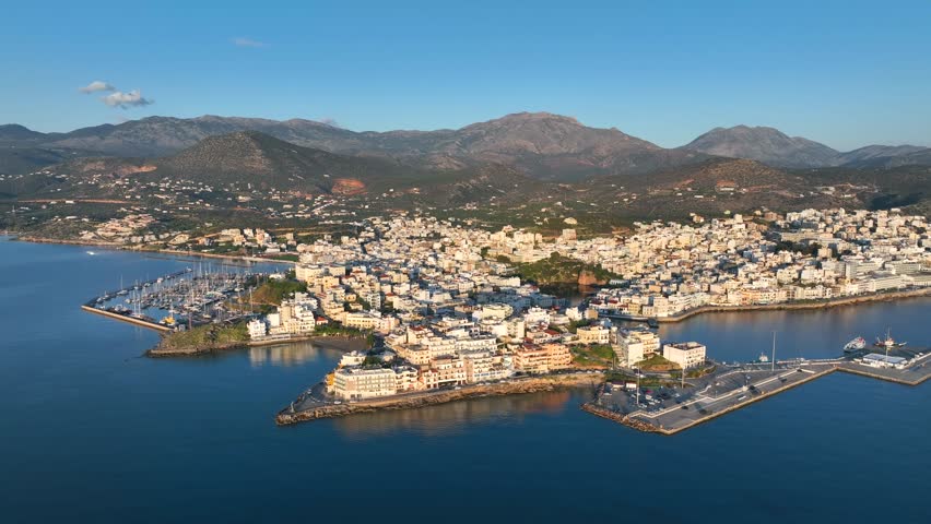 Agios Nikolaos coastal city skyline on the Greek island of Crete, Aerial view