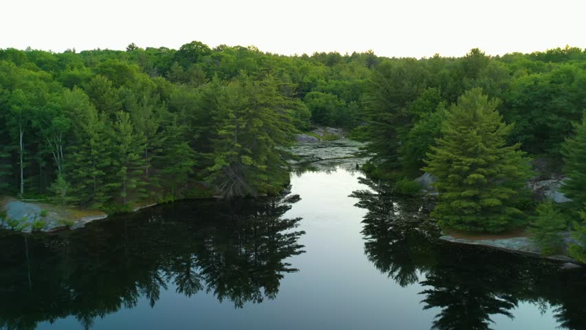 Flying over a calm reflecting lake towards the opening of a swamp surrounded by forests at sunset during the summer.