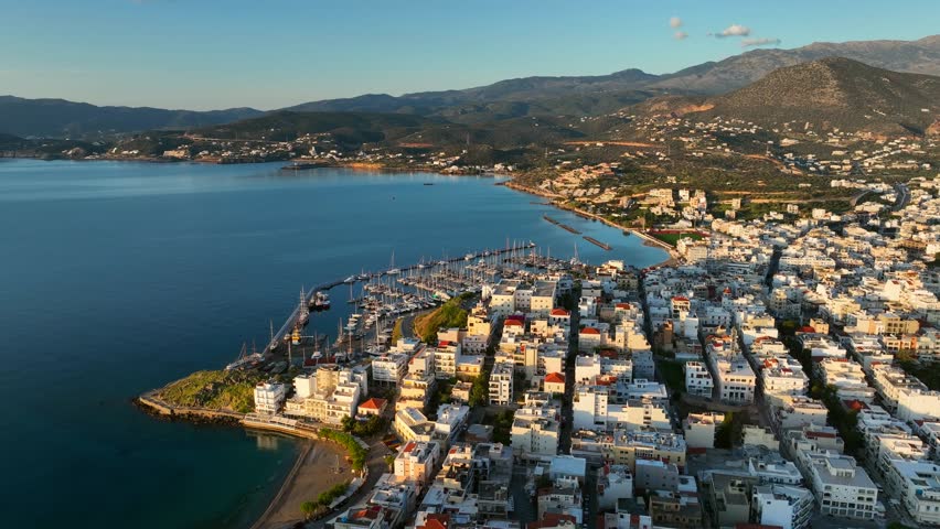 Agios Nikolaos coastal city skyline on the Greek island of Crete, Aerial view