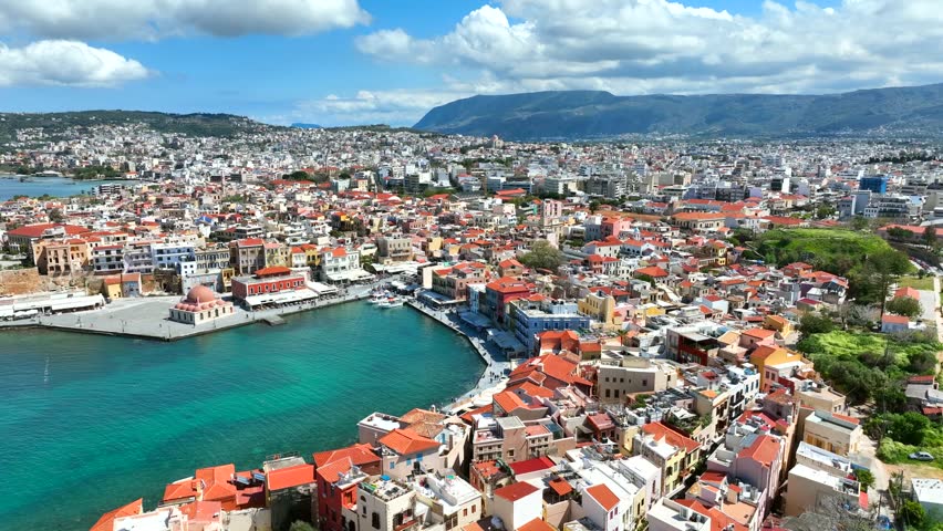 Aerial View Of Chania Old Venetian Port In The Island Of Crete, Greece