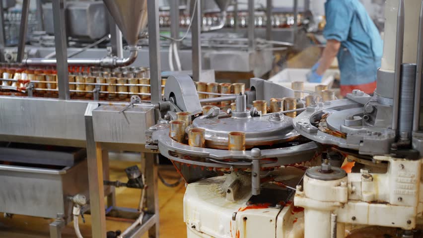 Canned fish on a conveyor belt in a food processing factory. Industrial machinery in a clean production environment. Concept of automation and mass production at seafood industry.