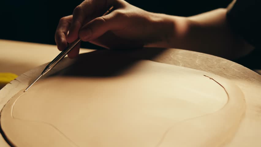 Woman potter works with clay on master class in studio. Working process in ceramic workshop. Potter making vase on pottery wheel. Handmade concept. 