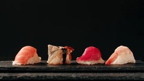 Sashimi Nigiri Platter, japanese sushi restaurant, Fresh Tuna and Salmon Slices in modern cafe, traditional food, raw red fish dish, omega 3. - Powered by Shutterstock - Get 15% off with code: PIKWIZARD15