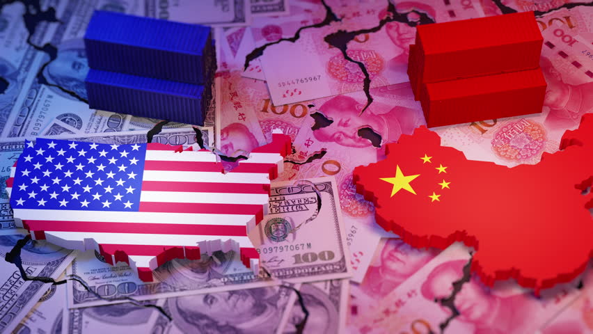 Symbolic image of US-China trade war showing cracked dollar and yuan banknotes, shipping containers, and country maps with flags.