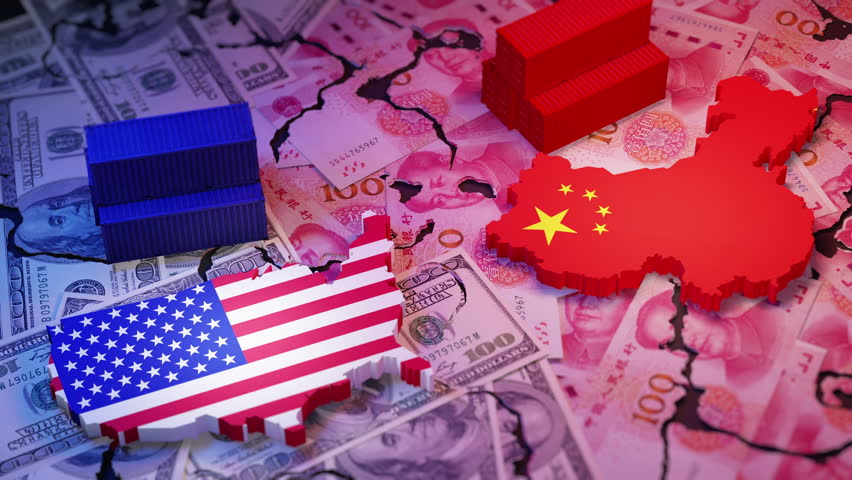 Symbolic image of US-China trade war showing cracked dollar and yuan banknotes, shipping containers, and country maps with flags.