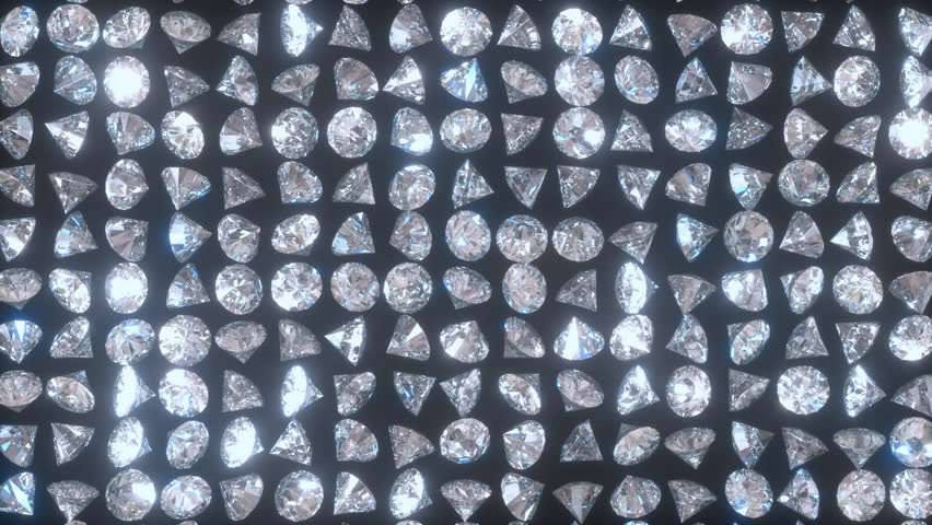Glitter diamonds rotating pattern on a black background. Seamless loop animation of shiny crystal diamonds.