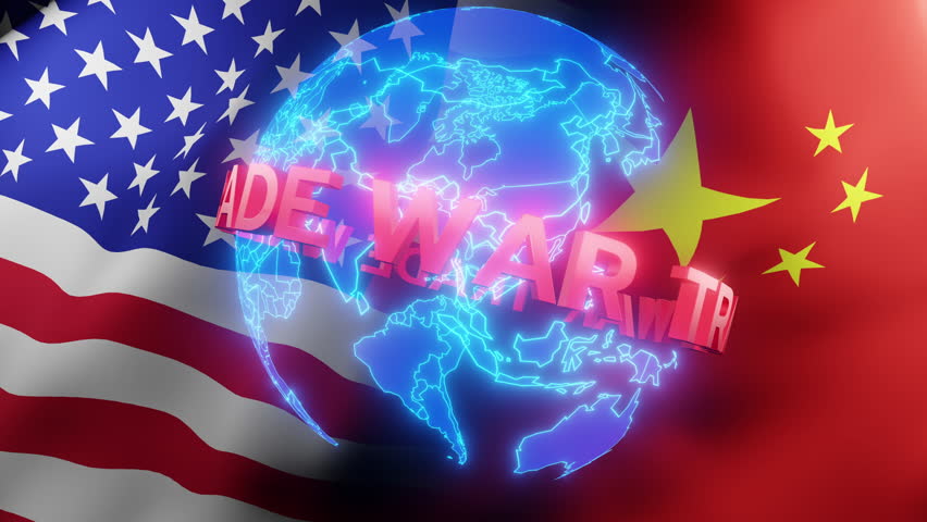 Digital of a glowing world map globe with "Trade War" text, positioned between US and China flags symbolizing economic conflict.