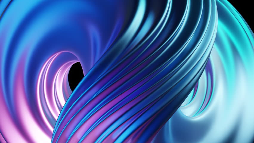 Abstract 3D rendering of smooth, metallic ribbons twisting dynamically in vibrant neon blue, purple, and pink gradients on black background.