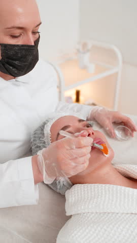 Enzyme therapy. Beautician applying moisturizing medical peeling cream mask on young woman face with brushes. Girl skincare procedure on spa. Facial cosmetology treatment. Natural cosmetic products
