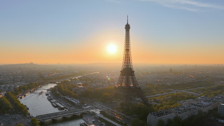 Aerial view of Experience the breathtaking beauty of a stunning Paris sunrise with the iconic Eiffel Tower. France