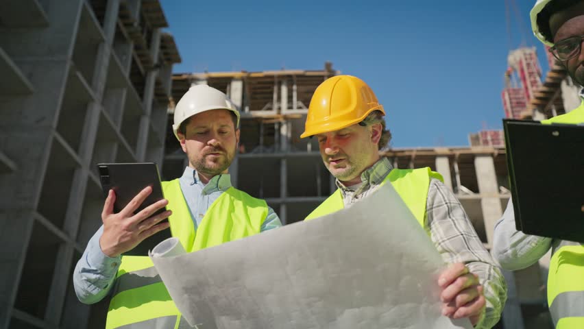Male constructors in helmets at construction site with blueprint plan in hand. Teamwork and discussion in progress during sunny workday. Men engineers and architects talking and discussing project.