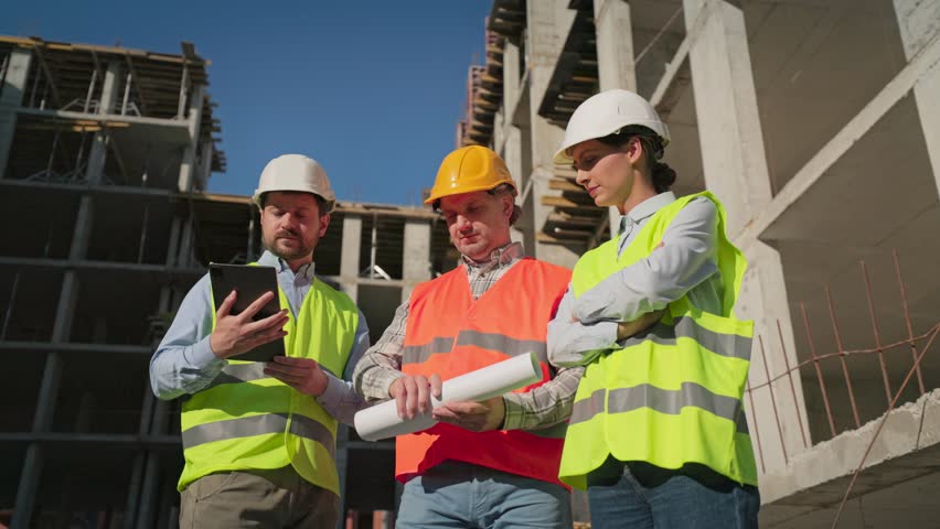 Caucasian males and female constructors in helmets at construction site with blueprint and tablet in hand. Teamwork in progress during workday. Builders, engineers and architects discussing building.