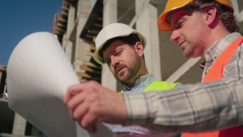 Close up of males constructors in helmets at construction site with blueprint in hand talking. Team of builders discussing building developing. Workday concept. Men working at constructing project.