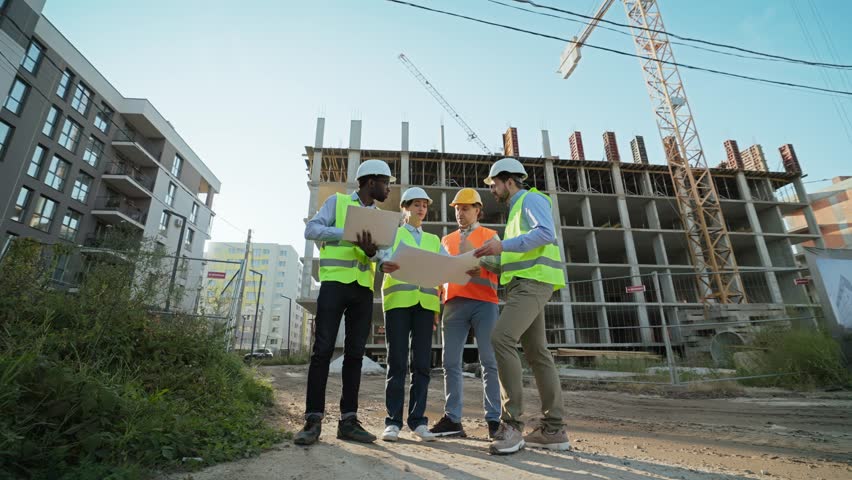 Team of builders reviewing blueprints, discussing project, wearing helmets, near urban construction site. Engineers analyzing plans, collaborating on construction details, standing at active building.