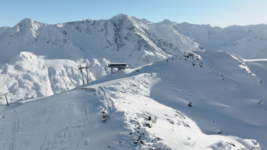 Aerial view of the lifts at Rifflsee above the Pitztal in Austria.