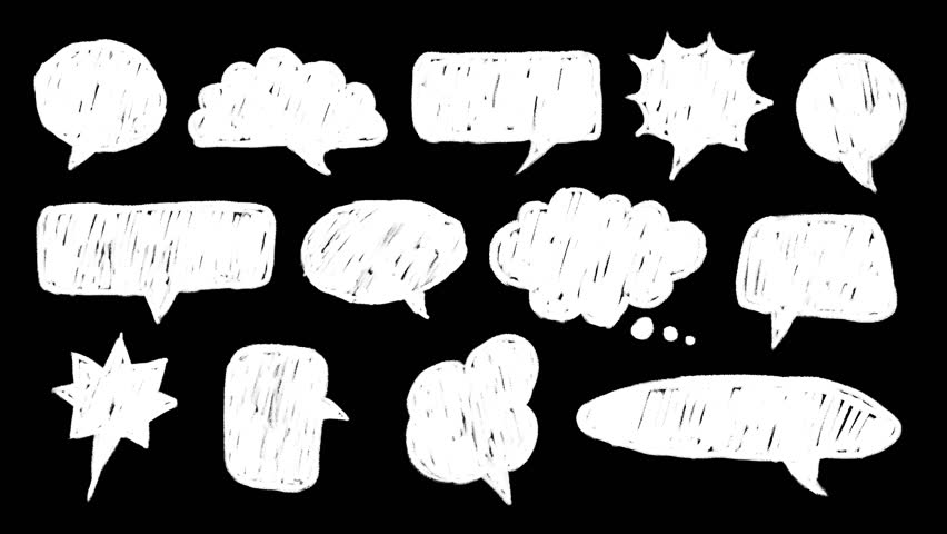 Pack Of 13 Hand-Drawn Speech Bubbles On Black Background. Cartoon sketch doodles scribble speech bubble. Low frame rate effect. Seamless loop.