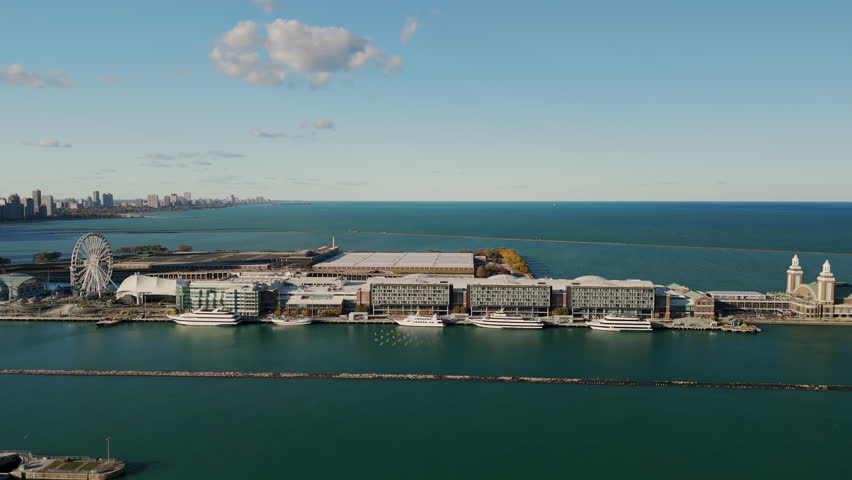 Aerial wide view of the sunlit Chicago Harbor. Beautiful sunny day Chicago 