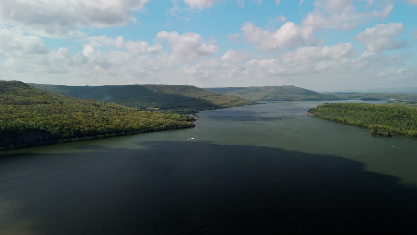 An aerial view of Tennessee River on Marion County Park near Chattanooga on a sunny day in Tennessee, USA