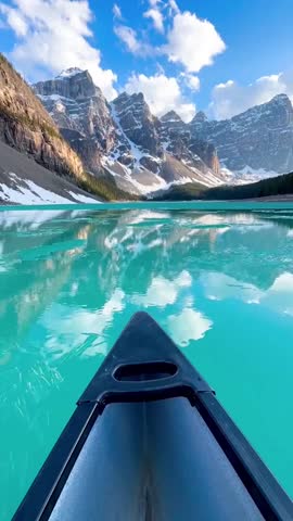Canoeing on Moraine Lake with Reflection of Snowy Mountains in Banff National Park