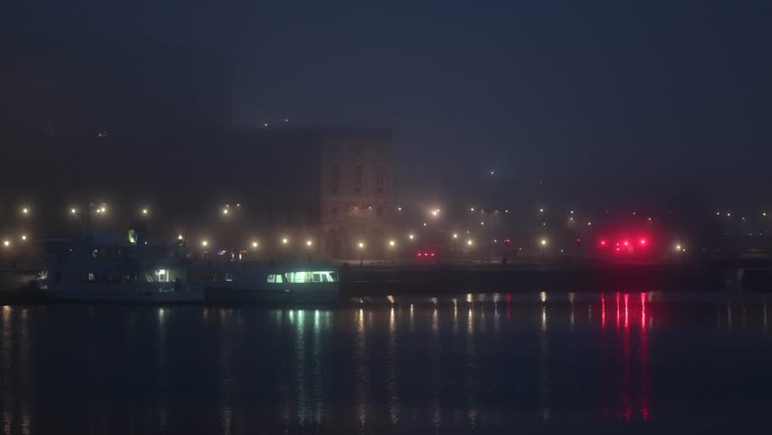 Stockholm, Sweden A view of Gamla Stan at night in the fog. 