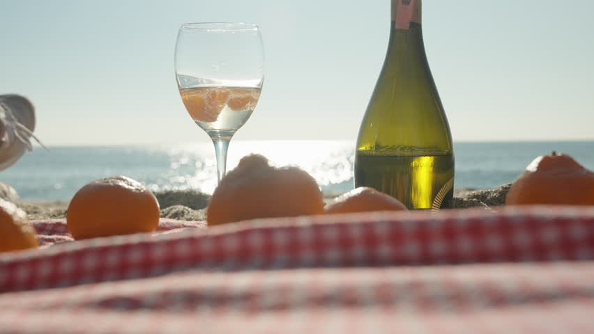 A Glass with Tangerine Slices on a Checkered Picnic Blanket near a Champagne Bottle, with the Ocean Sparkling under Bright Sunlight in the Background