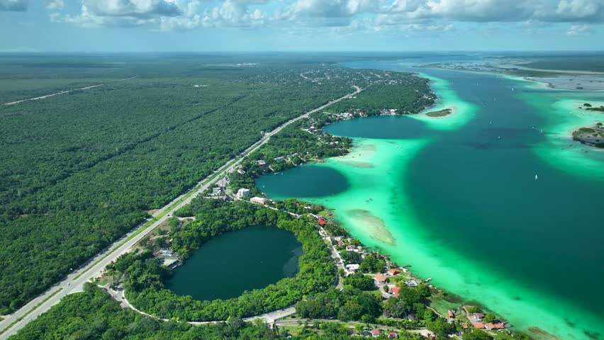 Panoramic aerial view of Bacalar Lagoon of seven colors, Quintana Roo, in the Yucatan peninsula