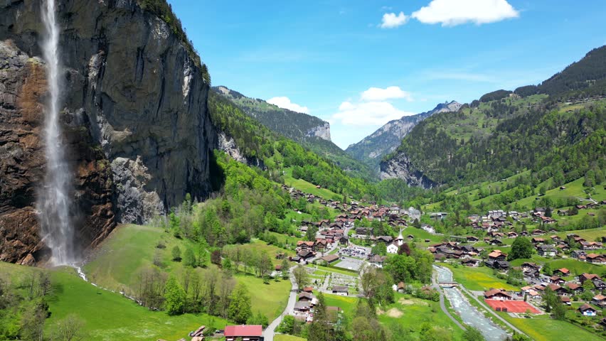 Rising aerial view of Lauterbrunnen and the Staubbachfall waterfalls.
Lauterbrunnen, Switzerland.